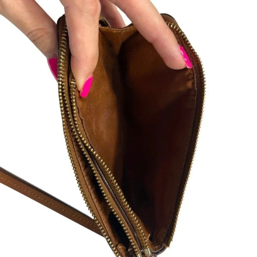 Coach Signature Brown Coated Canvas Double Zip Corner Wristlet Clutch Brown Tan - Picture 8 of 10